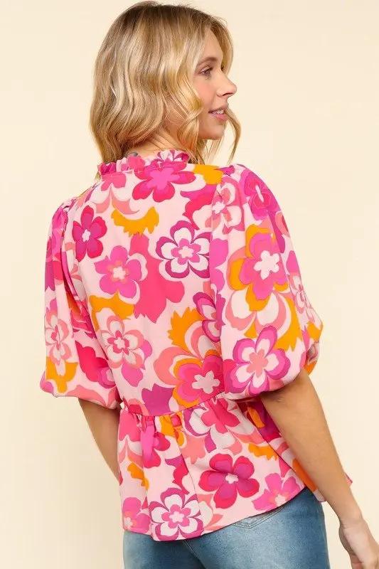 Haptics Full Size Frill Floral Puff Sleeve Blouse Women - Love Salve